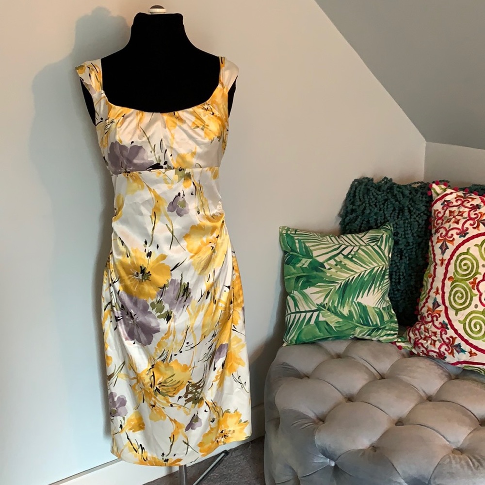 Maggy London Yellow and Gray Floral Satin Sheath Dress